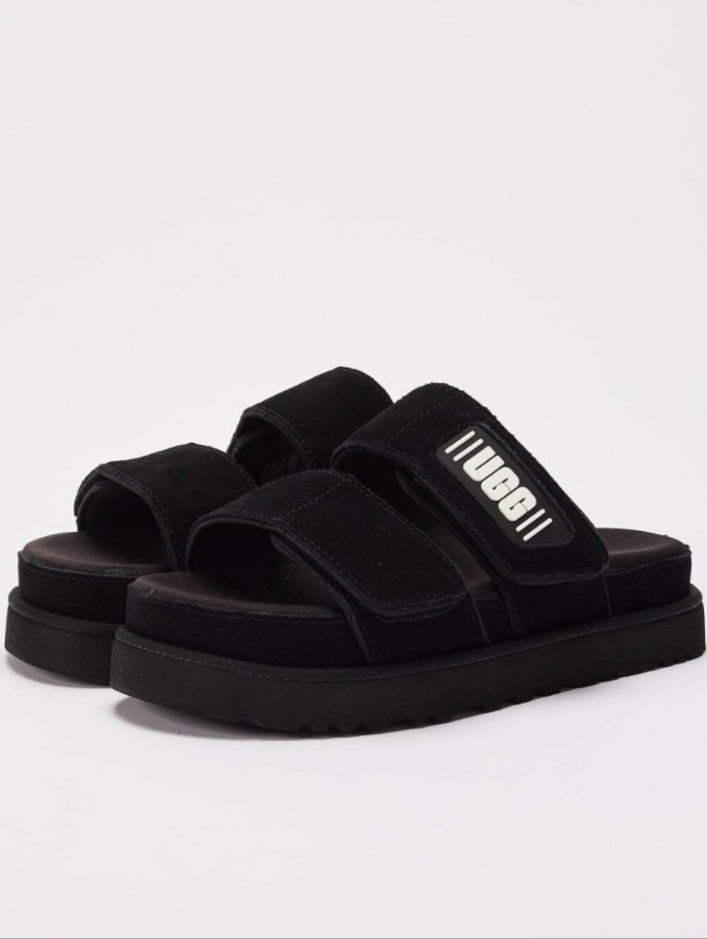 UGG Black Suede Double-Strap Platform Slide Sandals